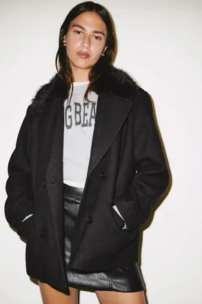 H&M Fluffy-collared Pea Coat in Black at Nordstrom, Size Xx-Large
