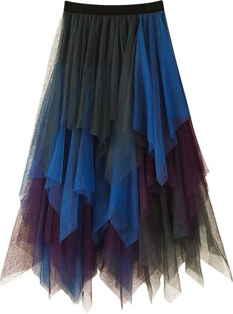 Generic Tulle Skirt for Women Midi Skirt with Irregular Net Mesh Elasticated Waist-Womens Summer A-Line Long Skirts Summer Skirts for Women UK Layer Party Dre
