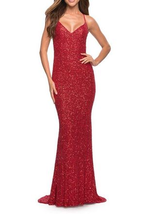 La Femme Luxurious Soft Sequin Dress with V Neckline in Red at Nordstrom, Size 12