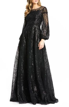 Mac Duggal Jewel Encrusted Illusion Long Sleeve A Line Gown in Black at Nordstrom, Size 8
