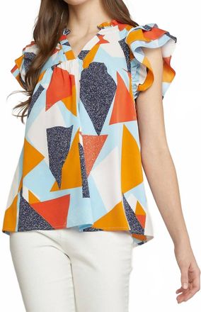 Entro Geometric Ruffle Sleeve Top In Blue