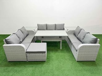 Fimous PE Rattan Lounge Sofa Set 10 Seater Outdoor Garden Furniture Set w/ Rectangular Dining Table 3 Seater Sofa Big Footstool 2 Side Table Light