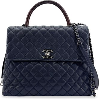 Chanel Coco Top Handle Quilted Caviar With Lizard Navy Leather Handbag (Pre-Owned)