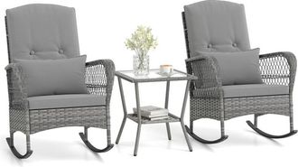 Costway 3-Piece Outdoor Rocking Chair Set Hand-Woven PE Rattan Chairs-Grey