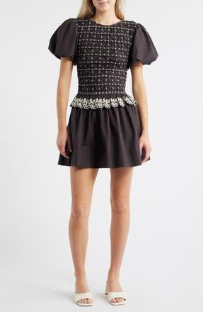Damson Madder Audrey Smocked Puff Sleeve Organic Cotton Minidress in Black at Nordstrom Rack, Size 12 Us / 16 Uk