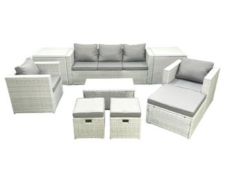 Fimous Rattan Garden Outdoor Furniture Sofa Set with Rectangular Coffee Table 2 Chairs 3 Footstools 2 Side Tables Light Grey Mixed
