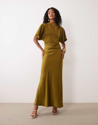 Asos Vestito sblusato lungo accollato in raso kaki scuro con maniche con volant-Verde