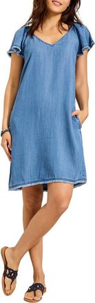 Tommy Bahama Flutter Sleeve Fray Chambray Minidress in Medium Indigo Wash at Nordstrom, Size X-Small