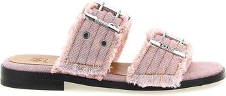 Ganni Feminine Buckle Fringed Denim Sandals
