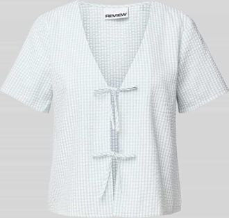 Review Bluse mit Bindeverschluss und V-Ausschnitt in Bleu, Größe XS
