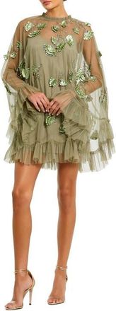 Mac Duggal Embellished Long Sleeve Trapeze Dress with Ruffle Hem in Sage at Nordstrom, Size 10