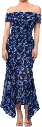Xscape Off-The-Shoulder Embroidered 3D Floral Lace Midi Dress In Navy
