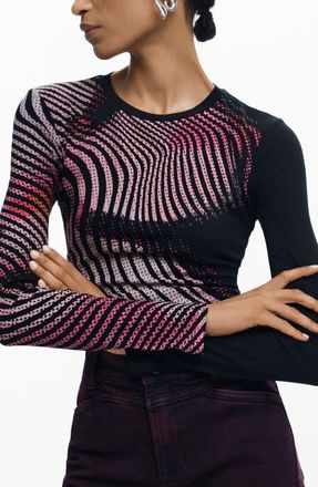 Desigual Printed Rib Long Sleeve Top in Black at Nordstrom, Size X-Small
