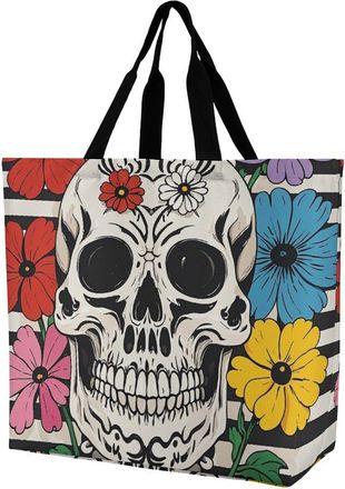 Generic Skeleton And Flower Black And White Shopping Bag Reusable Women Handbag Lightweight Shopping Bags For Travel Picnic Beach
