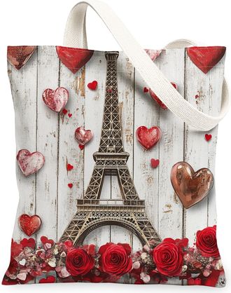 Generic Paris Tower Canvas Tote Bags, Heart Floral Pattern Reusable Grocery Bags, Valentines Day Vintage Lightweight Washable Shoulder Strap Canvas 13x15 Inch