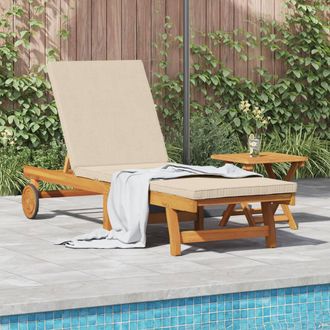 Berkfield Home Rolling Sun Lounger with Table & Cushion Made from Solid Acacia Wood in Beige