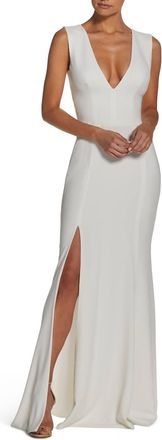 Dress The Population Sandra Plunge Crepe Trumpet Gown In Off White
