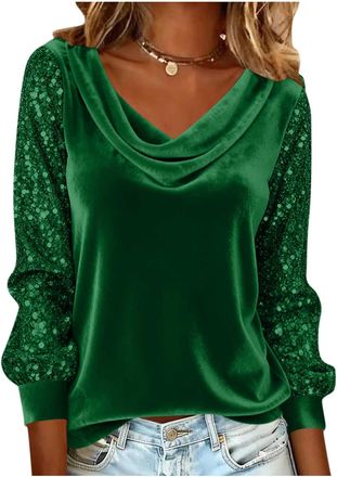 Generic Sequin Tops for Women UK Elegant Velvet Cowl Neck Blouse Ladies Long Sleeve Sparkly Tops Sequin Top Shining Glitter Tshirt Fashion Casual Slim Fit Tun