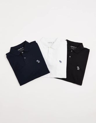 Abercrombie & Fitch Confezione da 3 polo bianco, blu navy e nero con logo icon-Multicolore