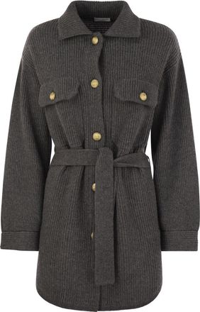 Brunello Cucinelli Cardigan in virgin wol, kasjmier en zijde met Engelse rib, met metalen knopen en riem