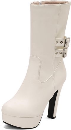 Generic Womens PU Leather Mid-Calf Boots with Buckle Block High Heel Platform Boot with Side Zipper Round Toe Short Boots,White,10.5 UK