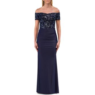 La Femme Off the Shoulder Jersey Gown with Floral Sequin Top in Navy at Nordstrom, Size 16