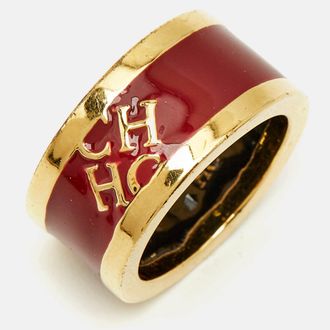 Carolina Herrera Ch Logo Red Enamel Gold Tone Band Ring