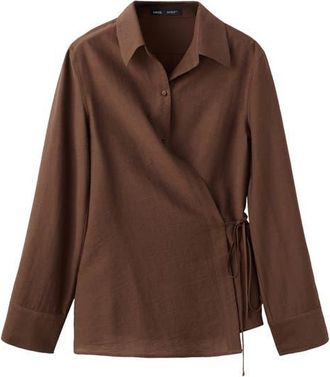 Mango Long Sleeve Wrap Shirt in Brown at Nordstrom, Size 10