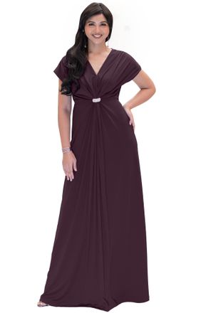 Koh Koh Womens Long V-Neck Short Sleeve Semi Formal Wedding Gown Maxi Dress, Maroon Wine Red, Large