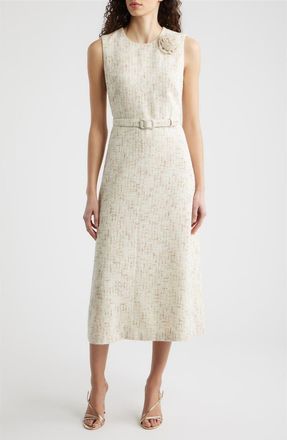 Anne Klein Rosette Belted Tweed Midi Dress in White Dove/Latte at Nordstrom, Size 14
