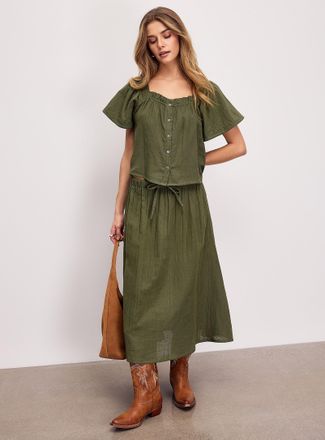 Ichi Womens Pure cotton gauze flared midi skirt