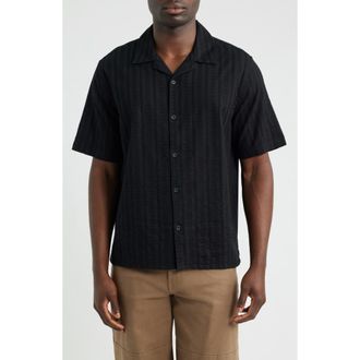 Wax London Didcot Tonal Dobby Stripe Camp Shirt in Black at Nordstrom, Size Medium