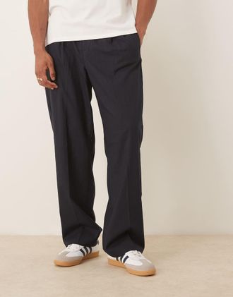 Asos Pantaloni eleganti ampi blu navy con motivo gessato e vita elasticizzata in coordinato