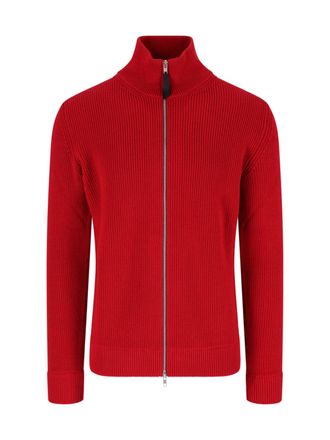 Maison Margiela Ribbed Knit Zip Cardigan with High Collar and Four-Stitch Detail