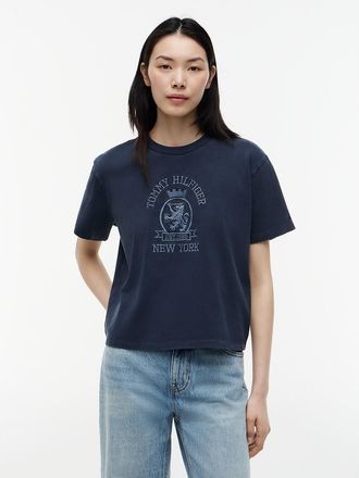 Tommy Hilfiger Womens Crest Logo Garment-Dyed Boxy T-Shirt - Navy Blue - XXL