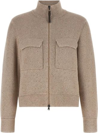 Brunello Cucinelli Truien & Vesten, Dames, Beige, L, Pailletten, Cardigan met pailletten en ribbels
