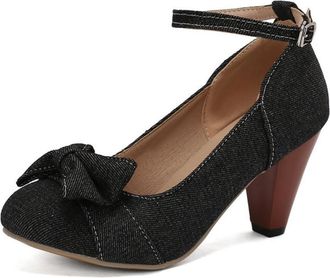 Generic Women Denim Pumps Round Toe Pointed Heel Bow Decor Ankle Strap Buckle Non Slip Durable Comfortable Dress Party Office Shoes,Black,10.5 UK