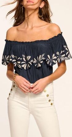 Ramy Brook Terri Embroidered Floral Ruffle Off the Shoulder Top in Navy at Nordstrom Rack, Size X-Small
