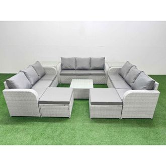 Fimous Pe Rattan Lounge Sofa Set 11 Seater Outdoor Garden Furniture Set with Square Coffee Table 3 Seater Sofa 2 Big Footstools 2 Side Table Light Grey
