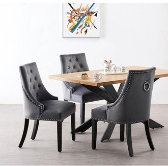 Life Interiors Life Interiors - Duke lux Windsor Dining Set - an Oak Wooden Dining Table and Set of 6 Dark Grey Velvet Dining Chairs - Dining Room Kitchen
