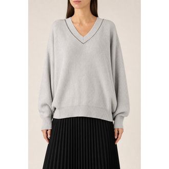 Brunello Cucinelli Womens Nebbia Cotton V Neck Sweater, Size XL