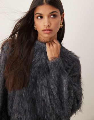 Asos Maglione girocollo in maglia super cigliata grigia-Nero