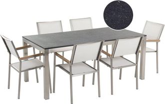Beliani Conjunto De Comedor De Jard&iacute;n Blanco Con Mesa 180 X 90 Cm De Granito Negro 6 Sillas De Rat&aacute;n Grosseto