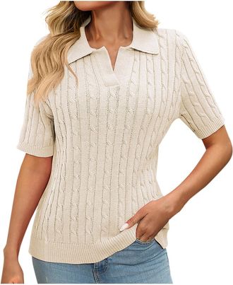 Generic Cropped Jumpers for Women Short Sleeve Elegant Cable Knit Polo Sweater Smart Casual Solid Lapel Collar Knit Top Soft Ribbed Weekend Outfits Classic Pr