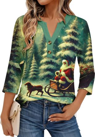 Generic Womens 3/4 Sleeve Christmas Print Henley Blouse, Trendy Fall Fashion Top 2025, Casual & Dressy Shirt (UK, Alpha, M, Regular, Regular, Christmas13)