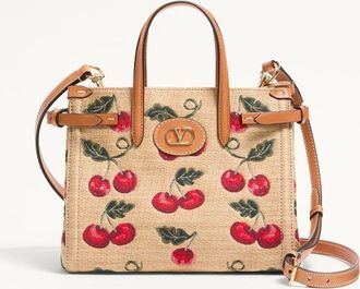 Valentino Garavani Valentino Garavani Antibes Small Shopping Bag In Jacquard Raffia With Cherryfic Pattern Wo