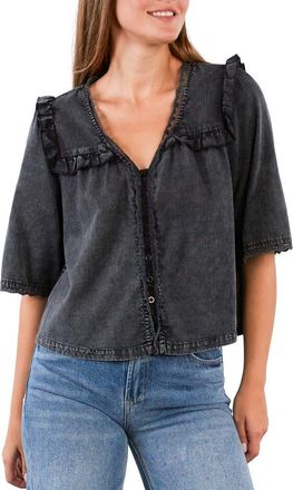 BILLY T Juliet Lace & Ruffle Cotton Blend Top in Grey Haze at Nordstrom, Size X-Small
