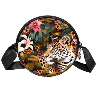 Generic Circle Crossbody Bag for Women, Leopard Small Sling Bag Daypack with Zipper Adjustable Shoulder Straps Casual Ladies Girls Round Purse