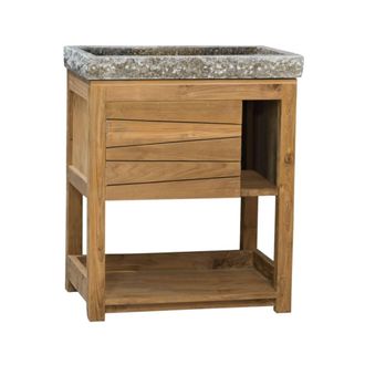 Wanda Collection Mueble de teca maciza 67 cm + lavabo gris