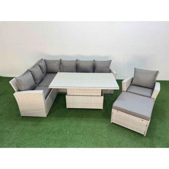 Fimous 8 Seat Rattan Outdoor Garden Furniture Corner Sofa Set Adjustable Lifting Dining or Coffee Table Set with Footstool Light Grey - Fimous